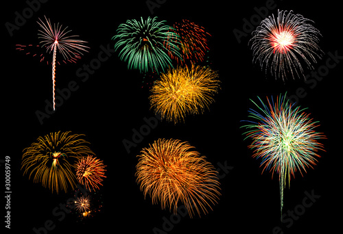 Colorful assorted six fireworks selection on a black background. New Year celebration concept