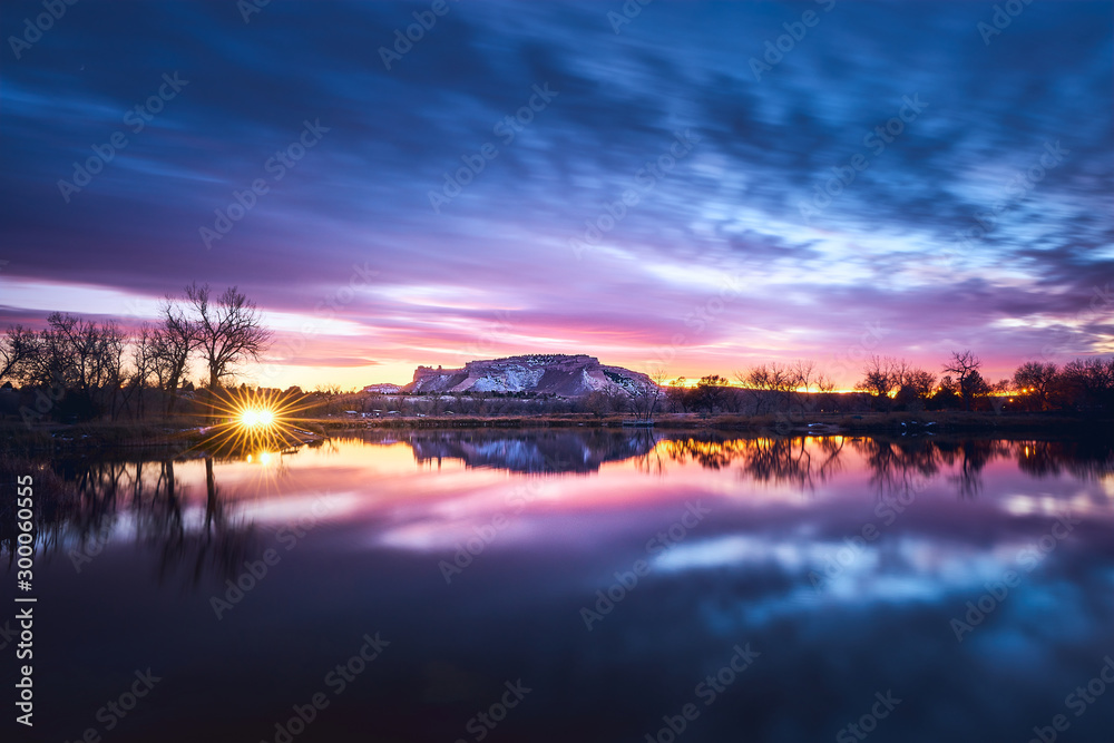 Scotts Bluff National Monument in beautiful sunset with reflection in water