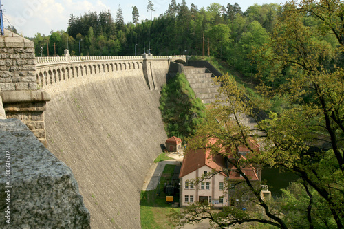 Hydroelectric power plant and dam on Bobr River in Pilchowice, Poland. Technical monument and tourist attraction.