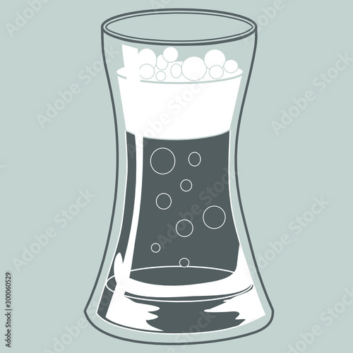 Transparent glass in which ale, carbonated drink or cocktail is poured, the liquid is bubbling, monochrome color vector illustration in gray colors