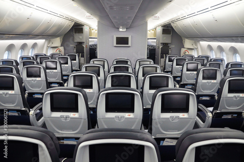 Empty commercial airplane seats viewed from the rear