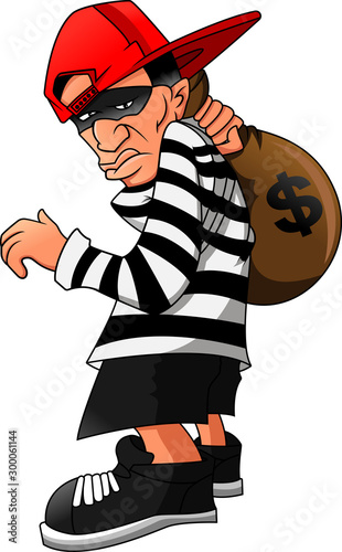 Thief carrying bag of money with a dollar sign