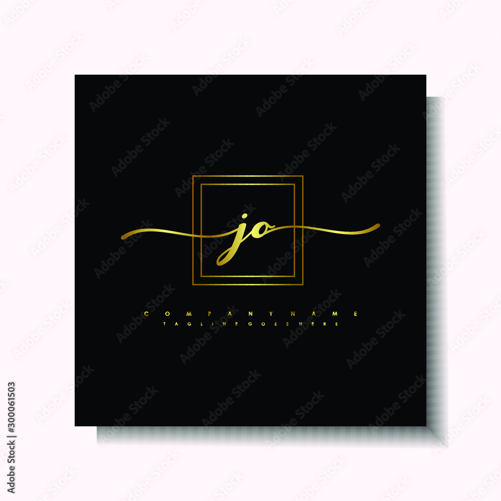 Letter handwriting J, JO in the box line gold colored, black background. Font and Gold Box line luxury. Vector logos for business, fashion, name cards, weddings, beauty, photography