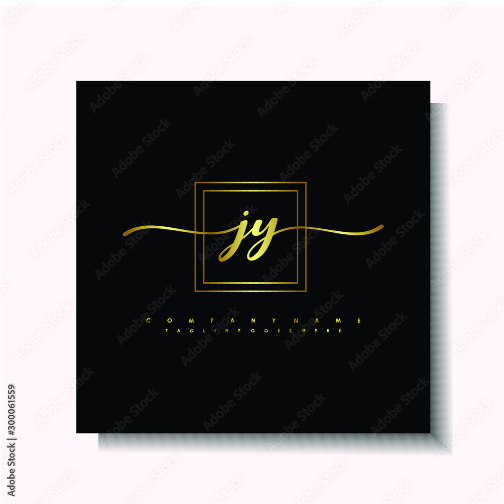 Letter handwriting J, JY in the box line gold colored, black background. Font and Gold Box line luxury. Vector logos for business, fashion, name cards, weddings, beauty, photography Letter handwriting J, JY in the box line gold colored, black background. Font and Gold Box line luxury. Vector logos for business, fashion, name cards, weddings, beauty, photography