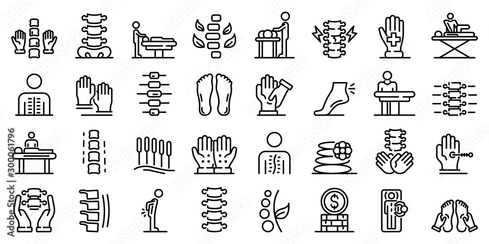 Osteopathy icons set. Outline set of osteopathy vector icons for web design isolated on white background Osteopathy icons set. Outline set of osteopathy vector icons for web design isolated on white background