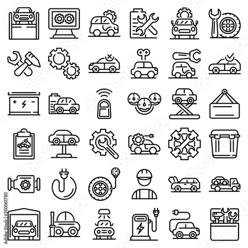 Electric vehicle repair icons set. Outline set of electric vehicle repair vector icons for web design isolated on white background