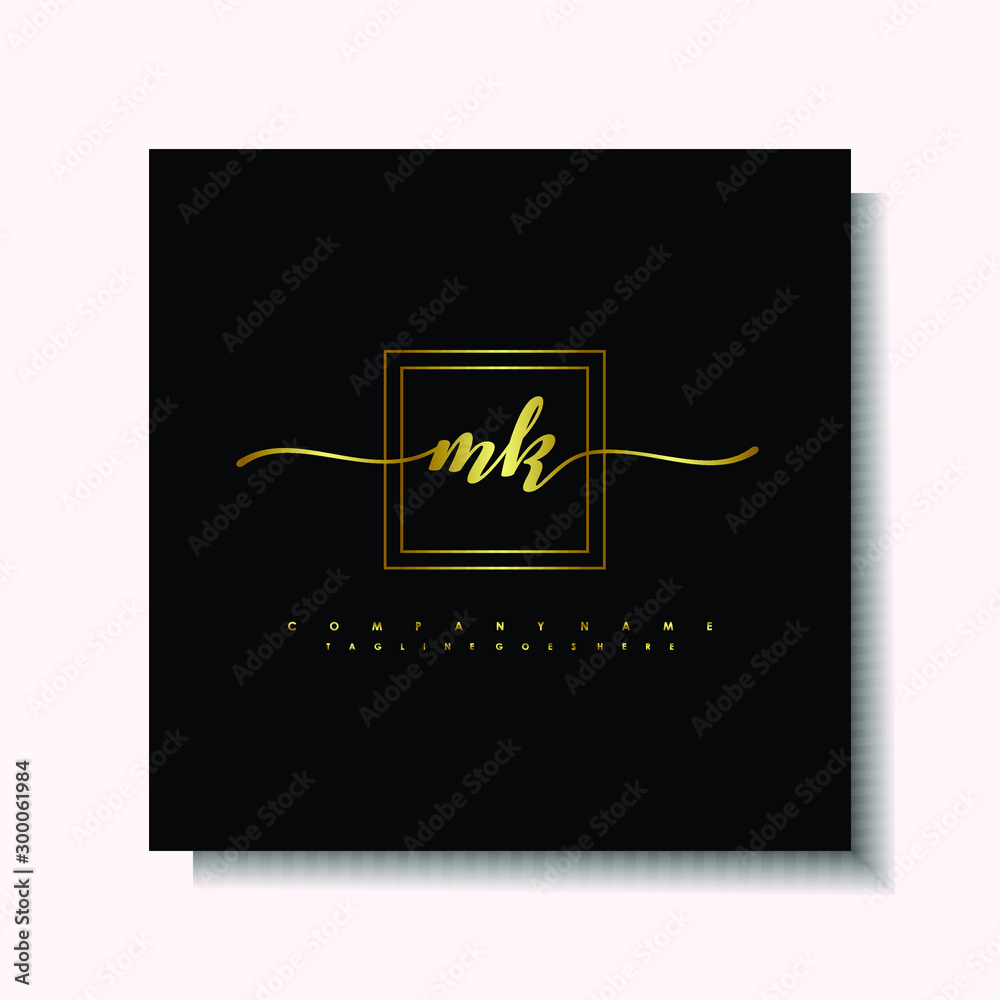 Letter handwriting M, MK in the box line gold colored, black background. Font and Gold Box line luxury. Vector logos for business, fashion, name cards, weddings, beauty, photography Letter handwriting M, MK in the box line gold colored, black background. Font and Gold Box line luxury. Vector logos for business, fashion, name cards, weddings, beauty, photography