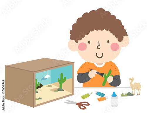 Boy Make Desert Ecosystem Diorama Illustration photo