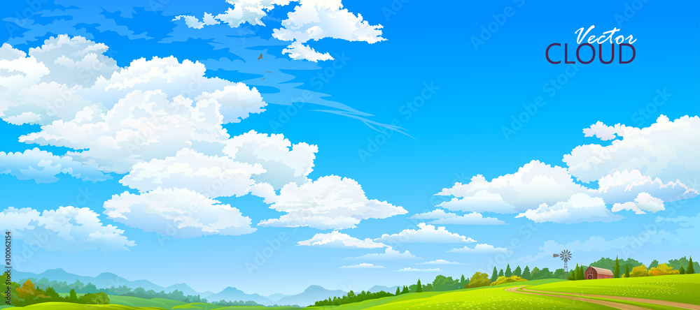 Country side view of the meadows and the clear blue sky - obrazy, fototapety, plakaty 