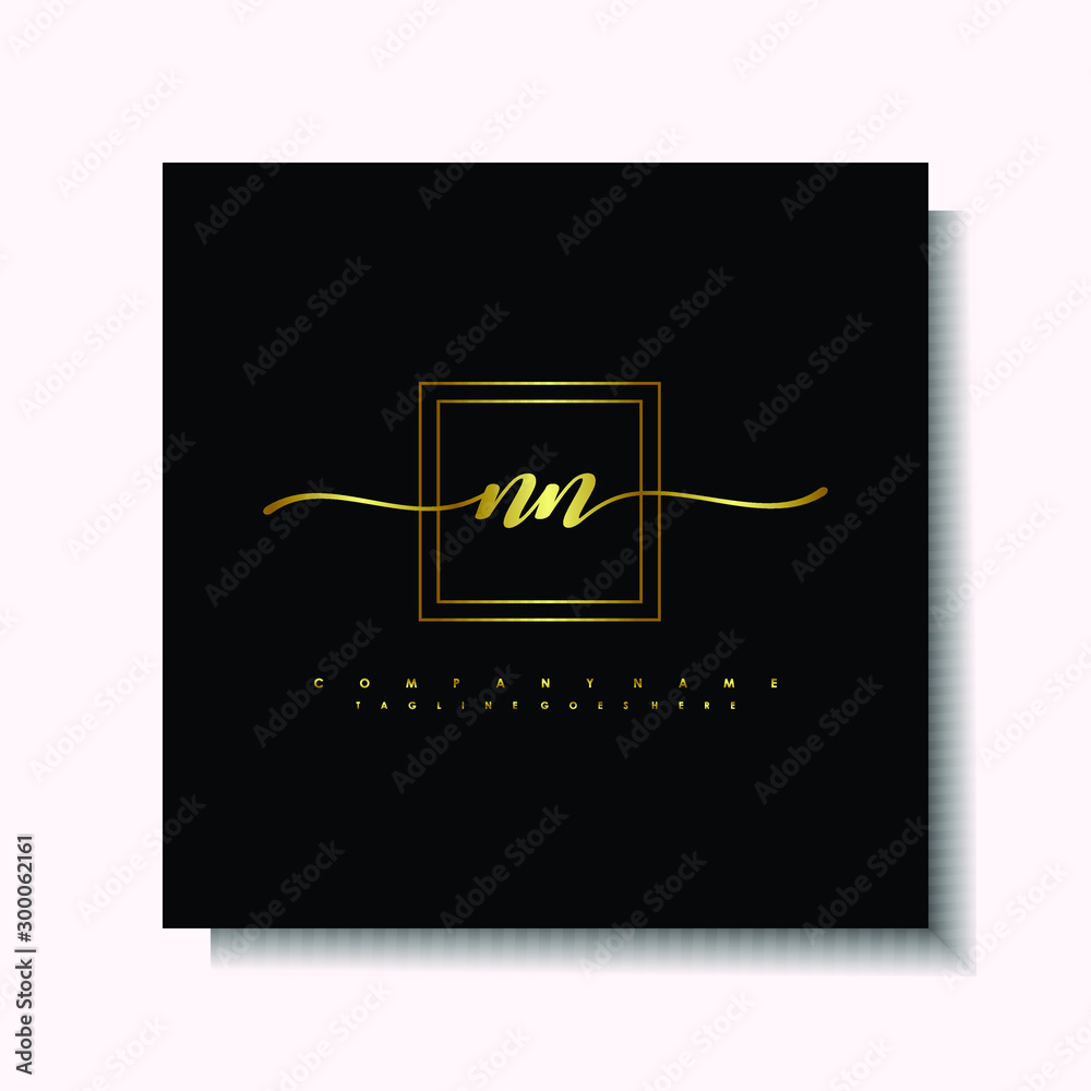 Letter handwriting N, NN in the box line gold colored, black background. Font and Gold Box line luxury. Vector logos for business, fashion, name cards, weddings, beauty, photography Letter handwriting N, NN in the box line gold colored, black background. Font and Gold Box line luxury. Vector logos for business, fashion, name cards, weddings, beauty, photography