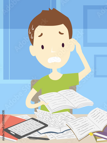Teen Guy Books Cramming Illustration