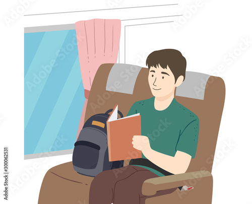 Teen Guy Read Book Bus Illustration