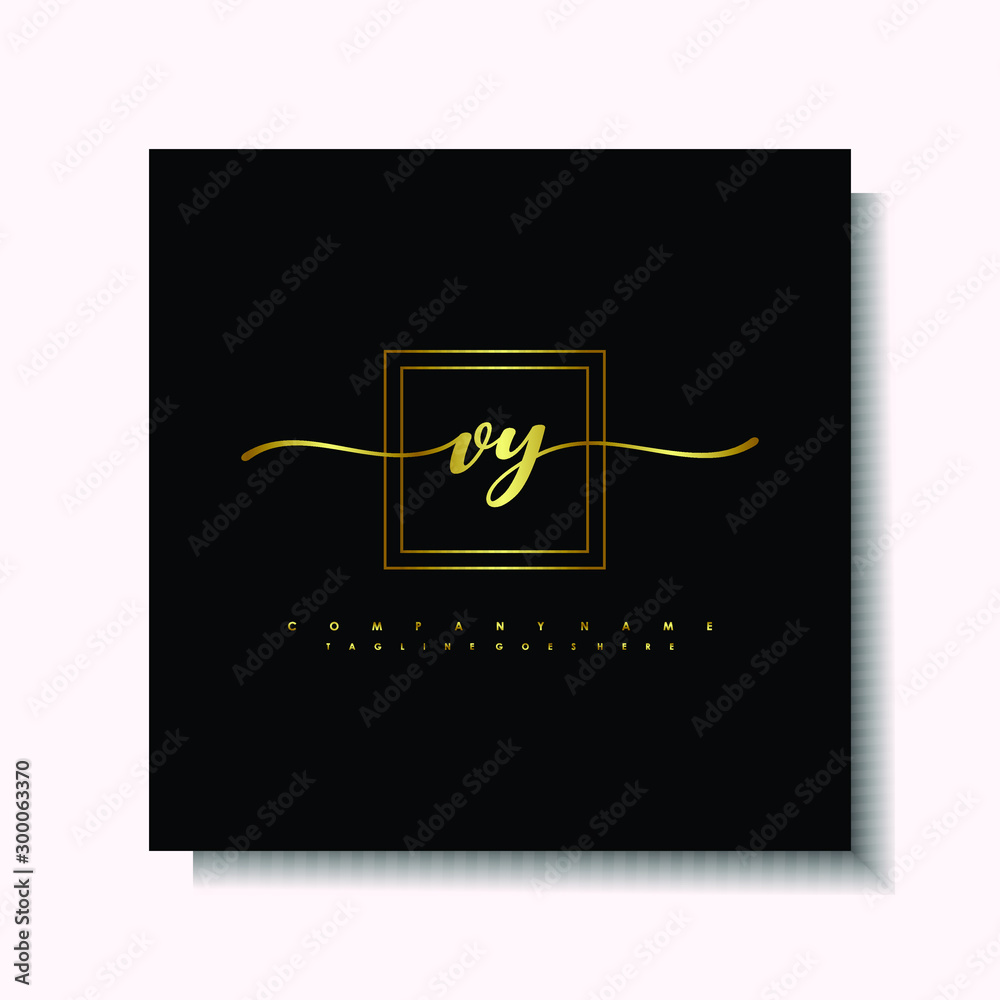 Letter handwriting V, VY. in the box line gold colored, black background. Font and Gold Box line luxury. Vector logos for business, fashion, name cards, weddings, beauty, photography