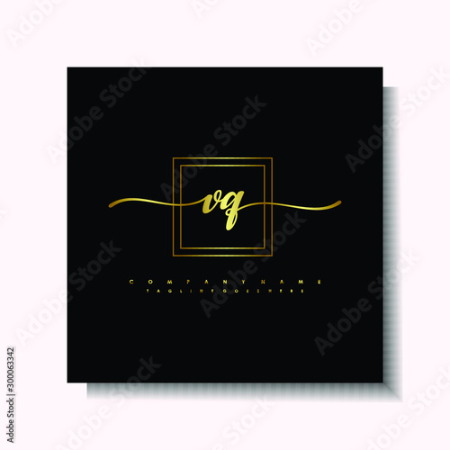 Letter handwriting V, VQ. in the box line gold colored, black background. Font and Gold Box line luxury. Vector logos for business, fashion, name cards, weddings, beauty, photography