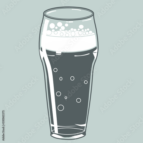 tall beer glass with widened in the middle,  tapered to the bottom in which ale, carbonated drink or cocktail is poured, the liquid is bubbling, monochrome color vector illustration in gray colors