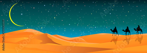 Camel travelers in the sand desert. Camel riders in the sand desert. Caravan on the background of the night starry sky. Sandy desert, landscape. Stars, the moon