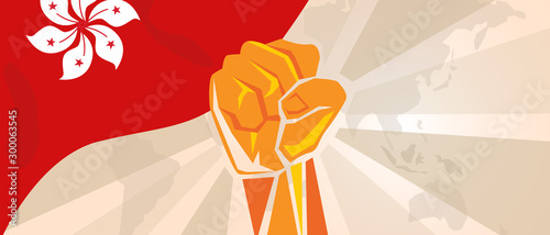 Hongkong flag hand fist. Activism revolution democracy rally. Political action. Vector illustration.