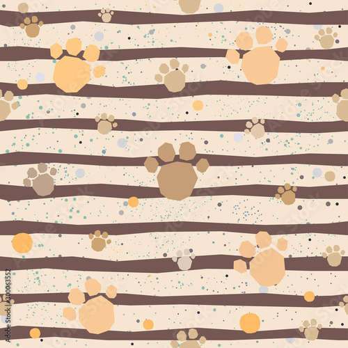 Cute Pattern with Golden dog paws with pastel blue stripes on beige background with tiny dots. Hand Drawn Design.