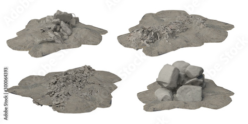 Heaps of rubble and debris isolated on white background 3d illustration