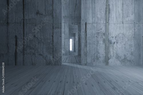 Dark room with a glowing and bright door, 3d rendering.