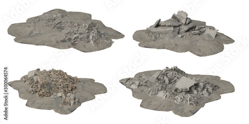 Heaps of rubble and debris isolated on white background 3d illustration