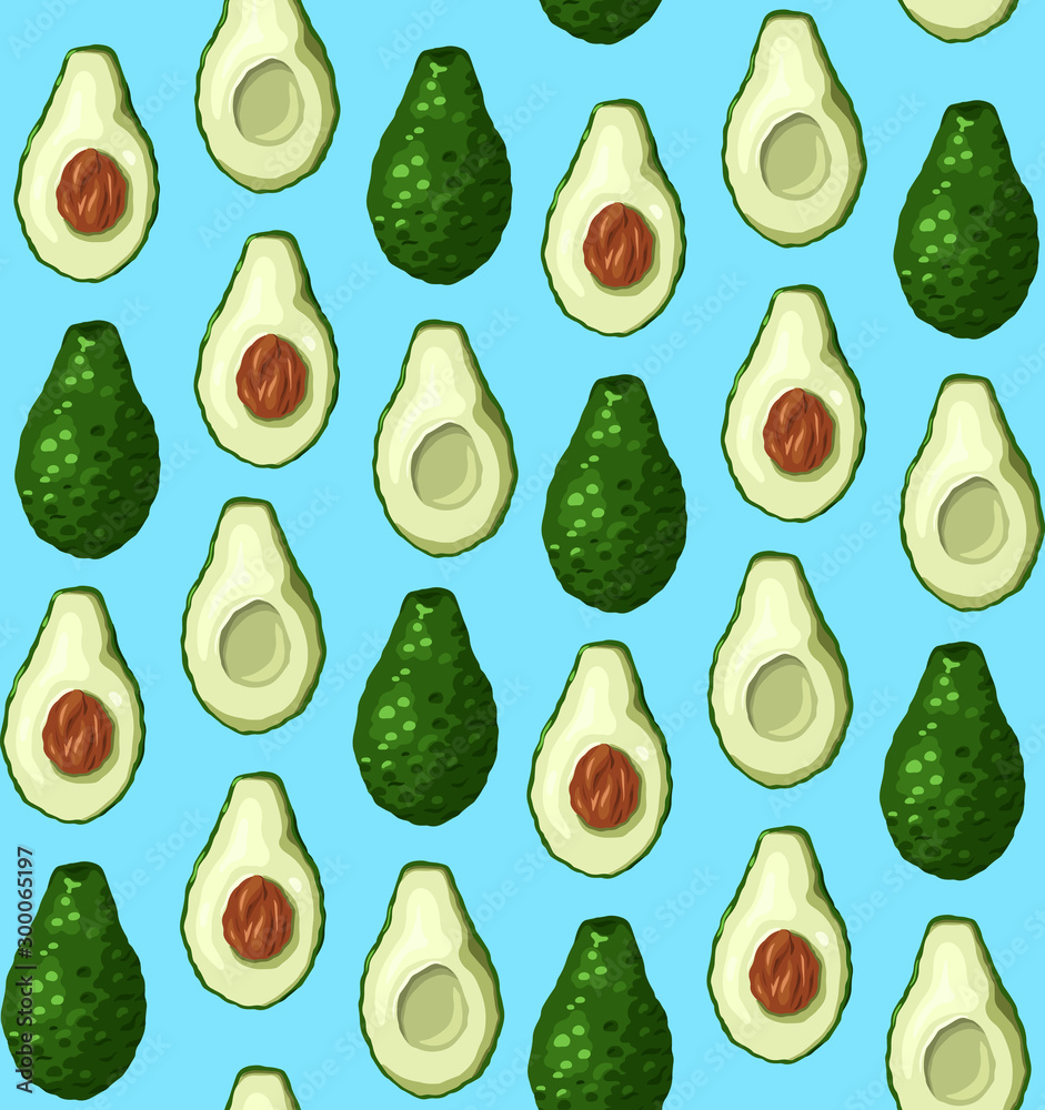 Seamless pattern with avocado halves in a row on blue background. Ingredients for Guacomole. Keto diet. Vector texture Seamless pattern with avocado halves in a row on blue background. Ingredients for Guacomole. Keto diet. Vector texture
