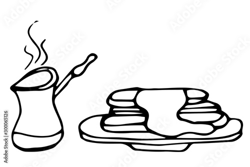 Hot coffee in Turk and crepes with butter, coffee icon in hand drawn, doodle, sketch style isolated in white background for invitations, greeting cards, patterns, scribbles.