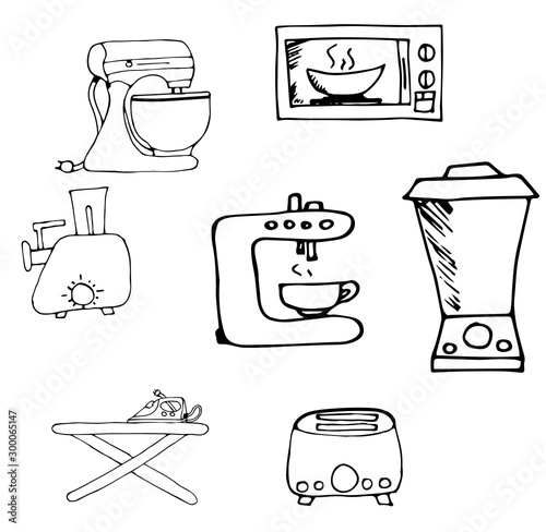 Set of isolated black and white elements, food concept. Mixer, microwave, blender, meat grinder, toaster, coffee maker, ironing board and iron.