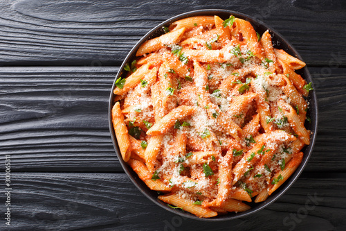 Penne alla Vodka is a classic Italian pasta dish made with penne in a creamy tomato and vodka sauce close-up in a plate. Horizontal top view photo