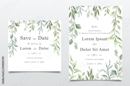 Elegant watercolor wedding invitation card with greenery leaves