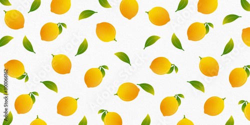 Fototapeta Naklejka Na Ścianę i Meble -  Fresh lemon fruit with leaves, pattern illustration isolated on white background.