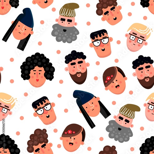 Seamless pattern of the People avatars set. Flat. Male and Female faces