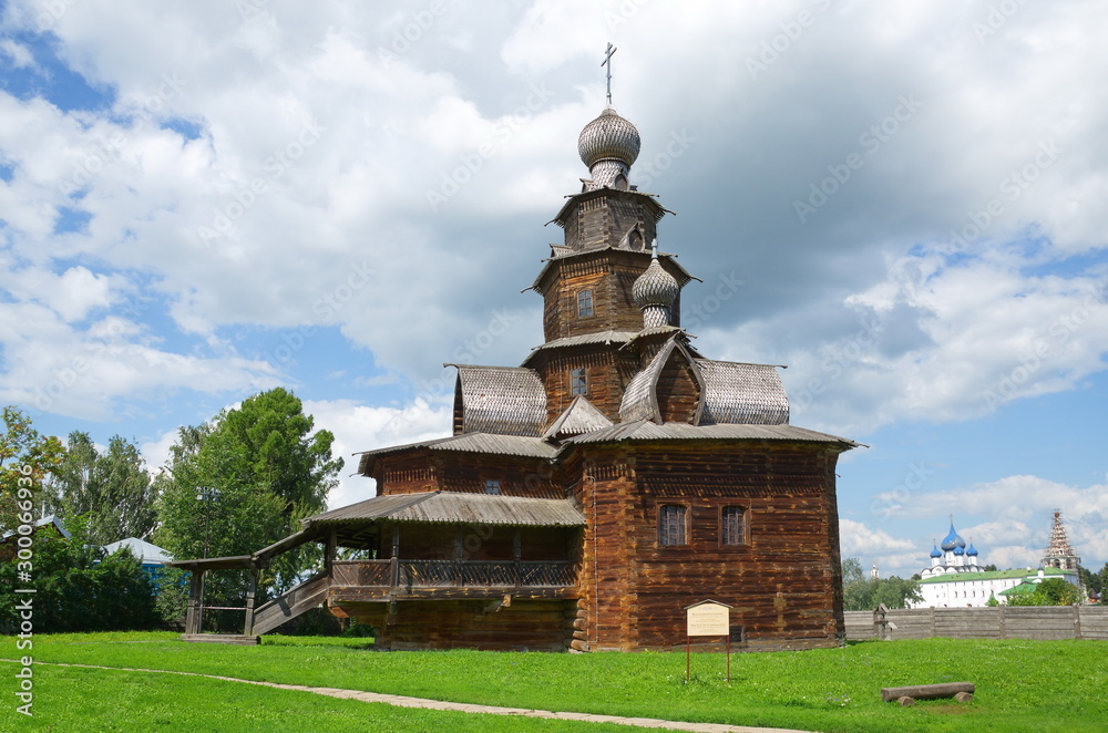 Suzdal, Russia - July 26, 2019: Transfiguration Church from the village Kozlyatevo Kolchuginsky district (1756). Museum of wooden architecture and peasant life