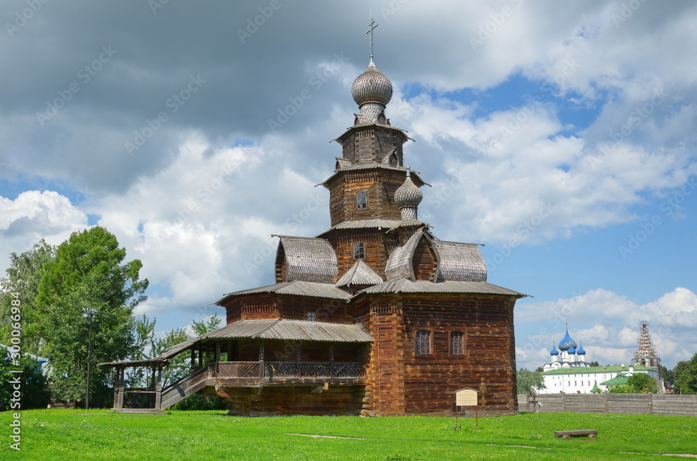 Suzdal, Russia - July 26, 2019: Museum of wooden architecture and peasant life. Transfiguration Church from the village Kozlyatevo Kolchuginsky district (1756)