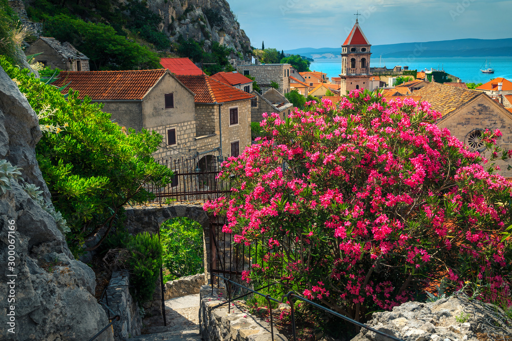 Flowery promenade with rustic stone houses in Omis, Dalmatia, Croatia - obrazy, fototapety, plakaty 