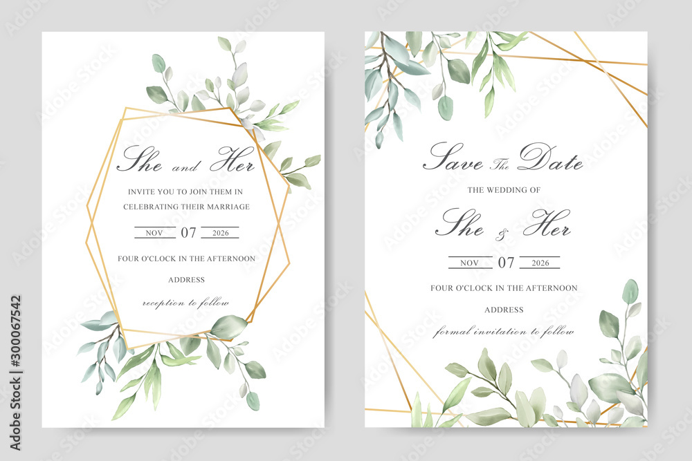 Obraz Elegancka karta zaproszenie na ślub akwarela z zielonymi liśćmi