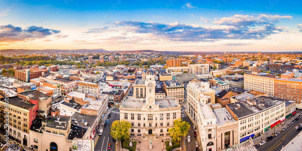 Aerial cityscape of Paterson, NJ and its City Hall. Paterson is the county seat of Passaic County and the 3rd most populous city of NJ, with the 2nd largest muslim population in US by percentage.