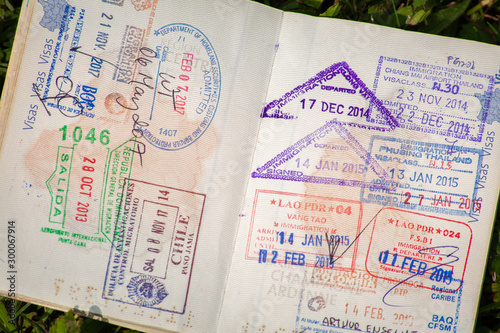 Stamps in a passport, travel life background