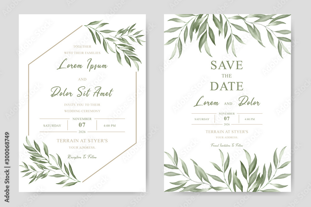 Elegancka akwarelowa karta zaproszenie na ślub z zielonymi liśćmi <span>plik: #300068749 | autor: FederiqoEnd</span>