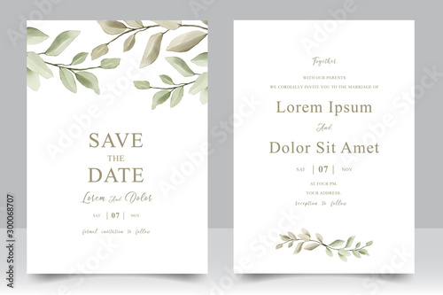 Elegant watercolor wedding invitation card with greenery leaves photo