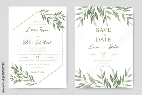 Elegant watercolor wedding invitation card with greenery leaves