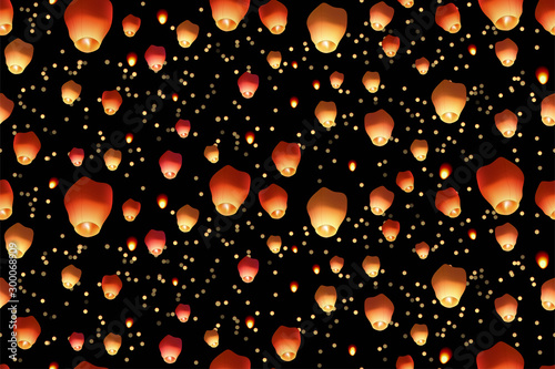 Seamless pattern with flying Chinese lanterns on black background. Glowing lights in the night sky. Magical holiday print, fantastic backdrop. Vector illustration.