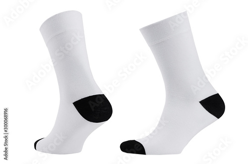 Blank white cotton long sock with black heel on invisible foot isolated on white background as mock up for advertising, branding, design, front side, side view, template.