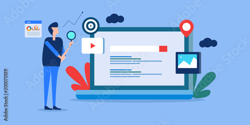 Digital marketing strategy expert, seo ranking analysis, website optimization concept. Flat design web banner, template, presentation.