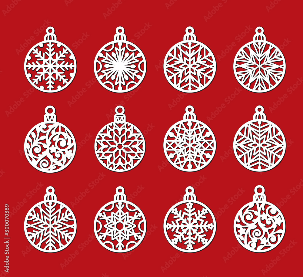 Big set of laser cutting template of Christmas balls with snowflakes. Xmas  tree decoration for paper cut out. Silhouette of openwork spheres with lace  ornament. Vector illustration on red background. Stock Vector