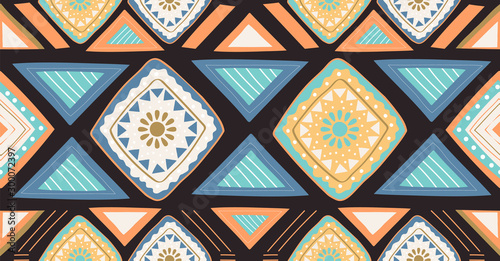 orange green blue geometric seamless pattern in African style with square,tribal,circle shape