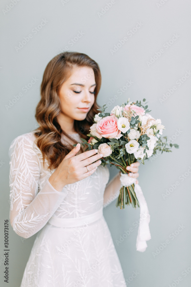 Stylish wedding in European style. Portrait of the bride in the style of fine art, white dress. Stylish wedding in European style. Portrait of the bride in the style of fine art, white dress.
