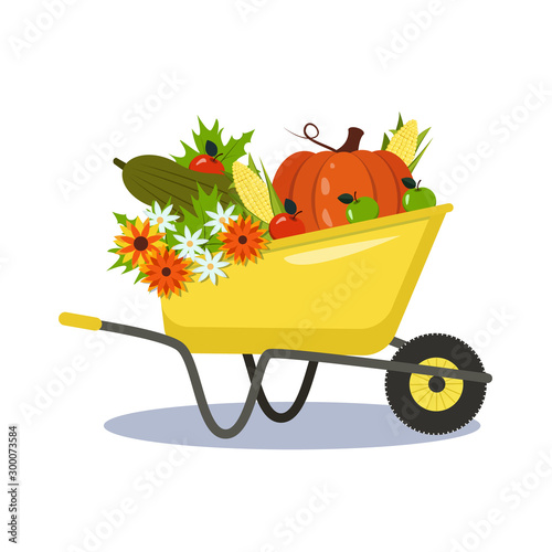 Illustration-yellow garden wheelbarrow with vegetables and flowers. Vector graphics