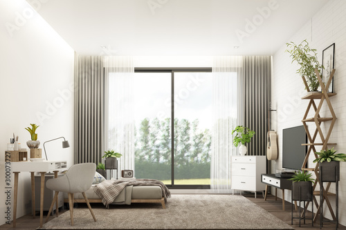 Scandinavian style white room interior with tv cabinet on the wall and working table  wooden bed with pillows and blanket  cabinet and armchair. 3d rendering