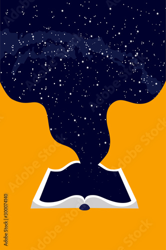 universe inside the book, concept of education and training. Open book on orange background.